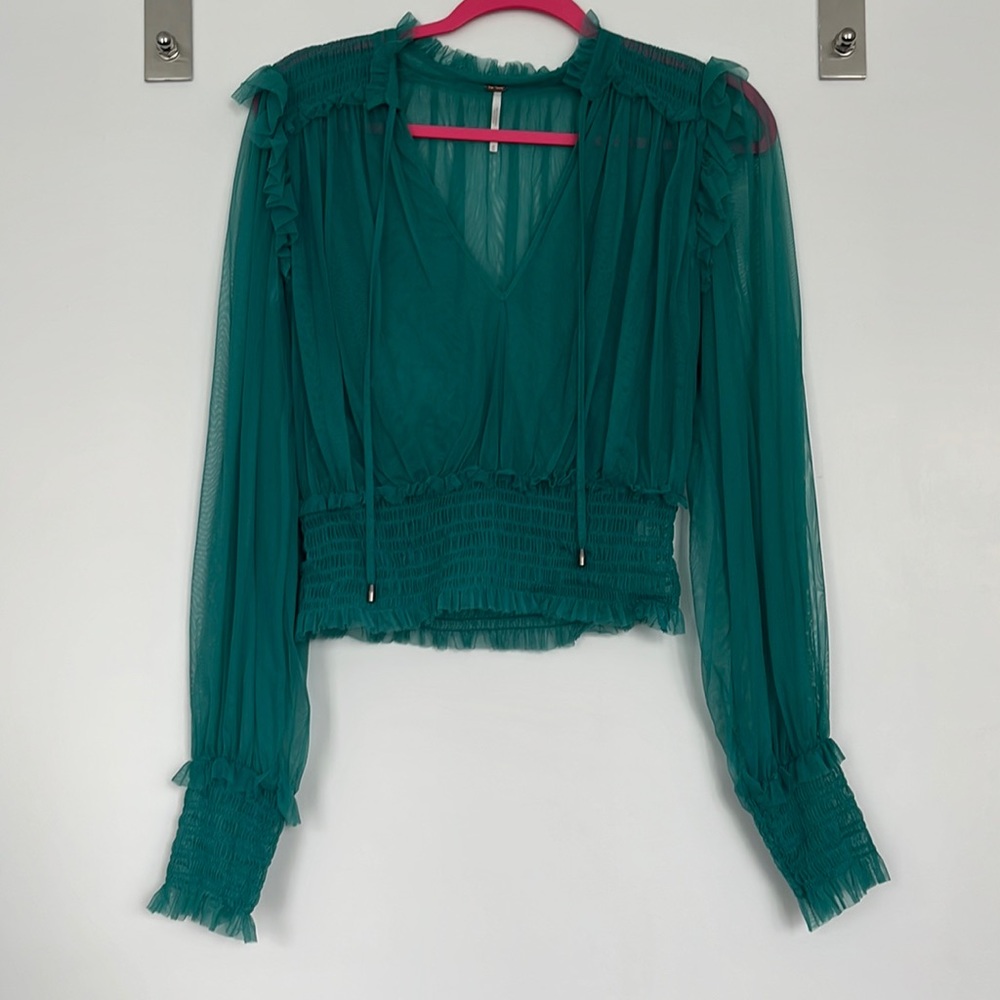 Free People Mesh Teal long sleeve Medium V Neck Top Ruffle Detail Tie Front